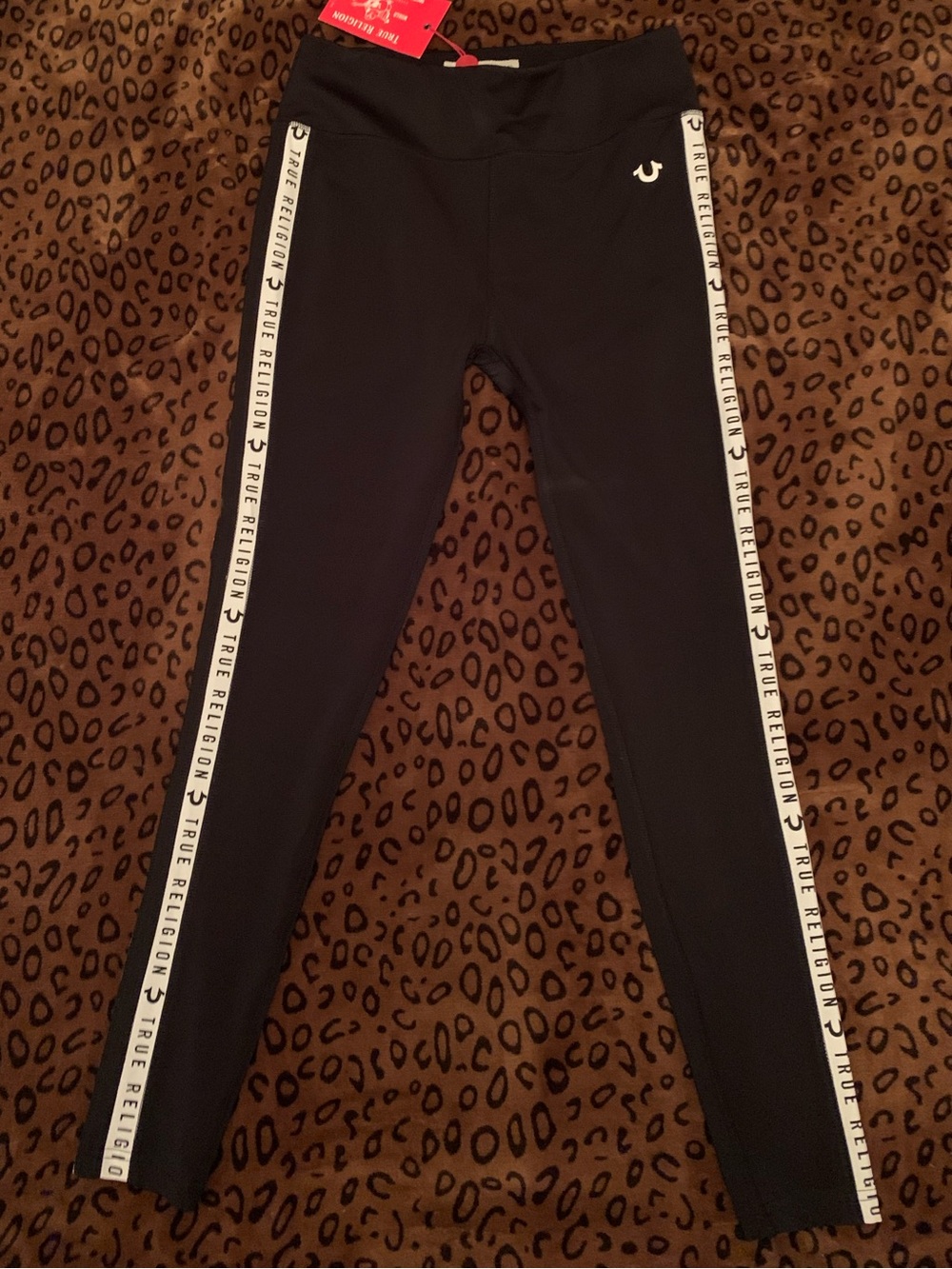 True Religion Black Leggings with White Logo Side Tape